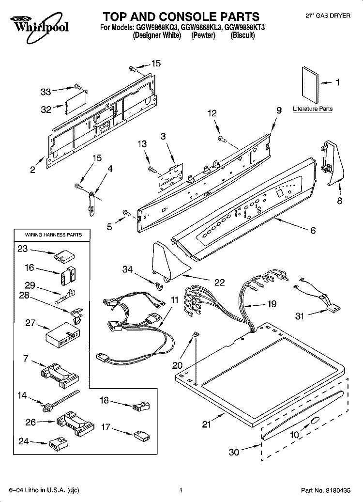 TOP AND CONSOLE PARTS Diagram and Parts List for GGW9868KL3  Whirlpool Dryer