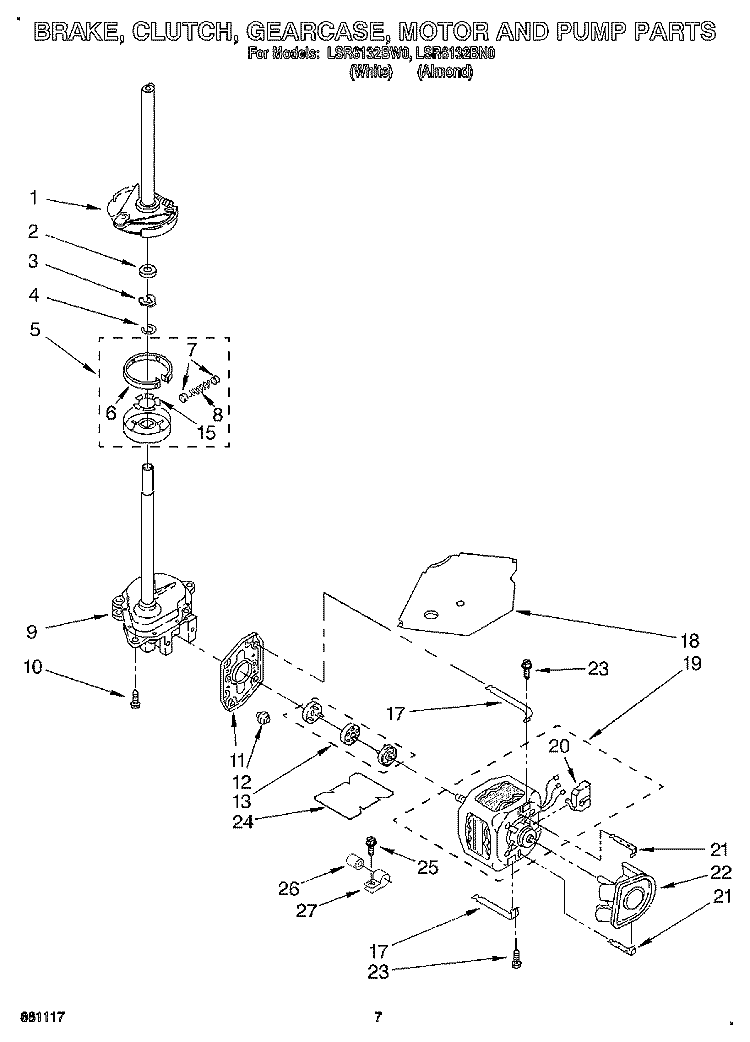 BRAKE, CLUTCH, GEARCASE, MOTOR AND PUMP Diagram and Parts List for LSR6132BW0  Whirlpool Washer