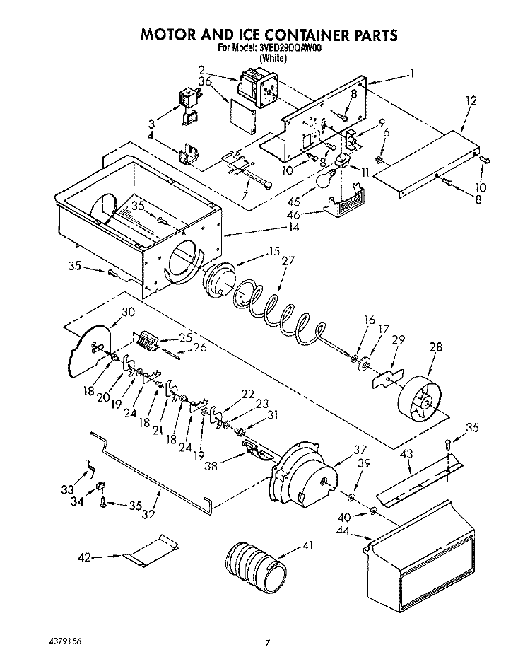 MOTOR AND ICE CONTAINER Diagram and Parts List for 3VED29DQAW00  Whirlpool Refrigerator