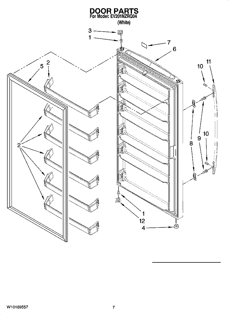 DOOR PARTS, OPTIONAL PARTS (NOT INCLUDED) Diagram and Parts List for EV201NZRQ04  Whirlpool Freezer