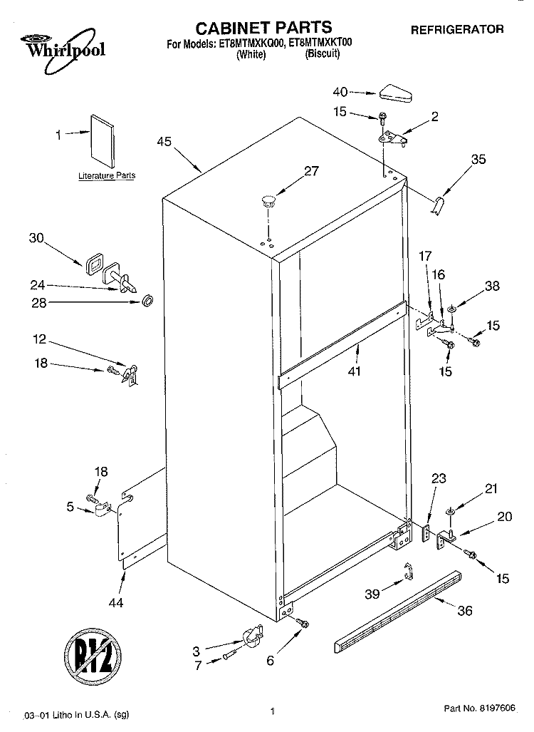CABINET, LITERATURE Diagram and Parts List for ET8MTMXKQ00  Whirlpool Refrigerator