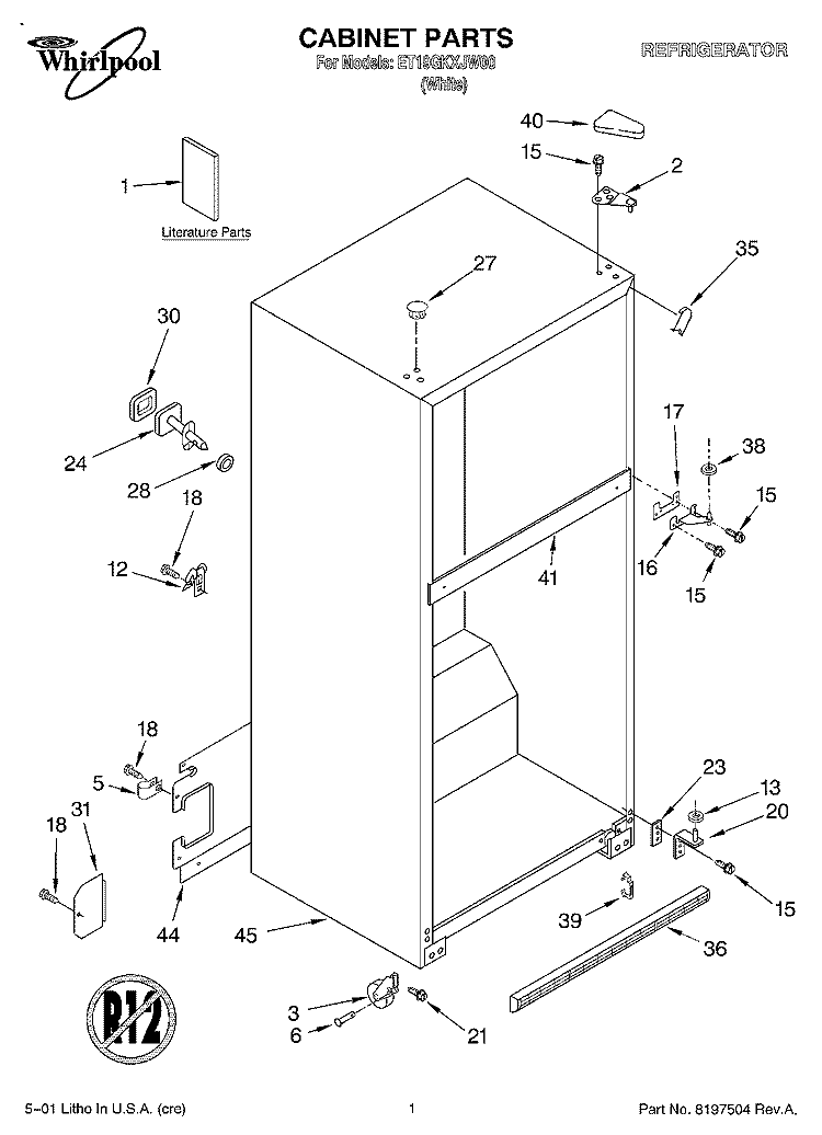 CABINET, LITERATURE Diagram and Parts List for ET19GKXJW00  Whirlpool Refrigerator
