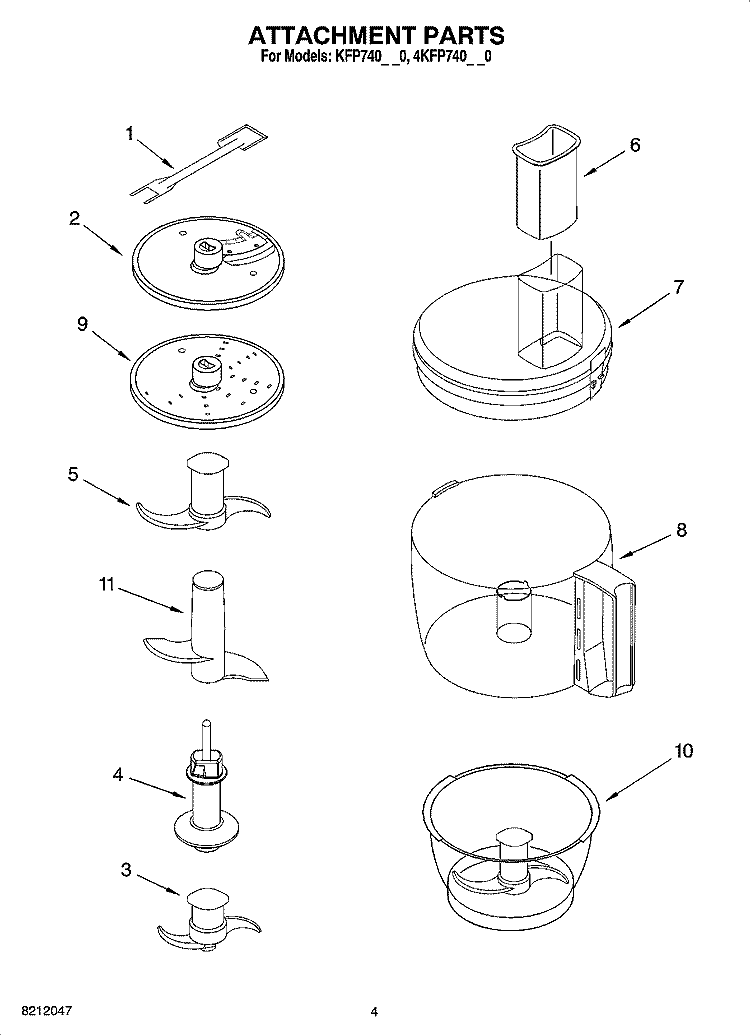 ATTACHMENT PARTS Diagram and Parts List for 4KFP740WH0  KitchenAid Food Processor