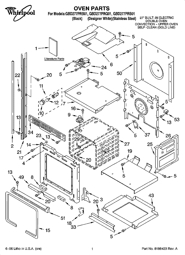OVEN PARTS Diagram and Parts List for GBD277PRB01  Whirlpool Wall Oven