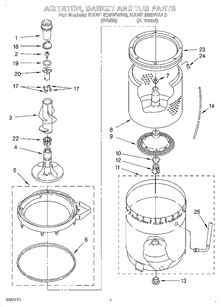 AGITATOR, BASKET AND TUB Diagram and Parts List for KAWL500WWH0  KitchenAid Washer