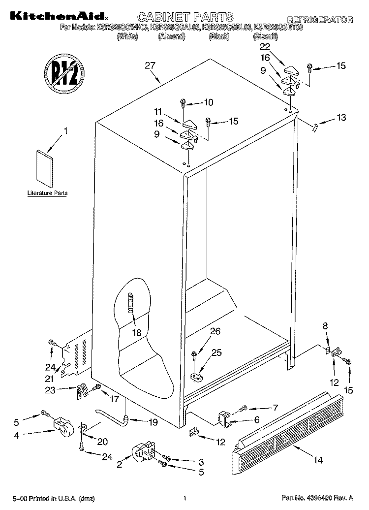 CABINET, LITERATURE Diagram and Parts List for KSRS25QGWH03  KitchenAid Refrigerator