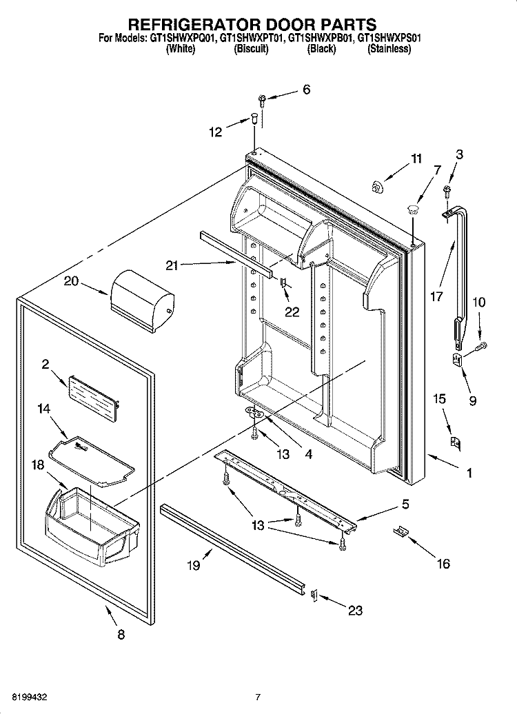 REFRIGERATOR DOOR PARTS Diagram and Parts List for GT1SHWXPQ01  Whirlpool Refrigerator