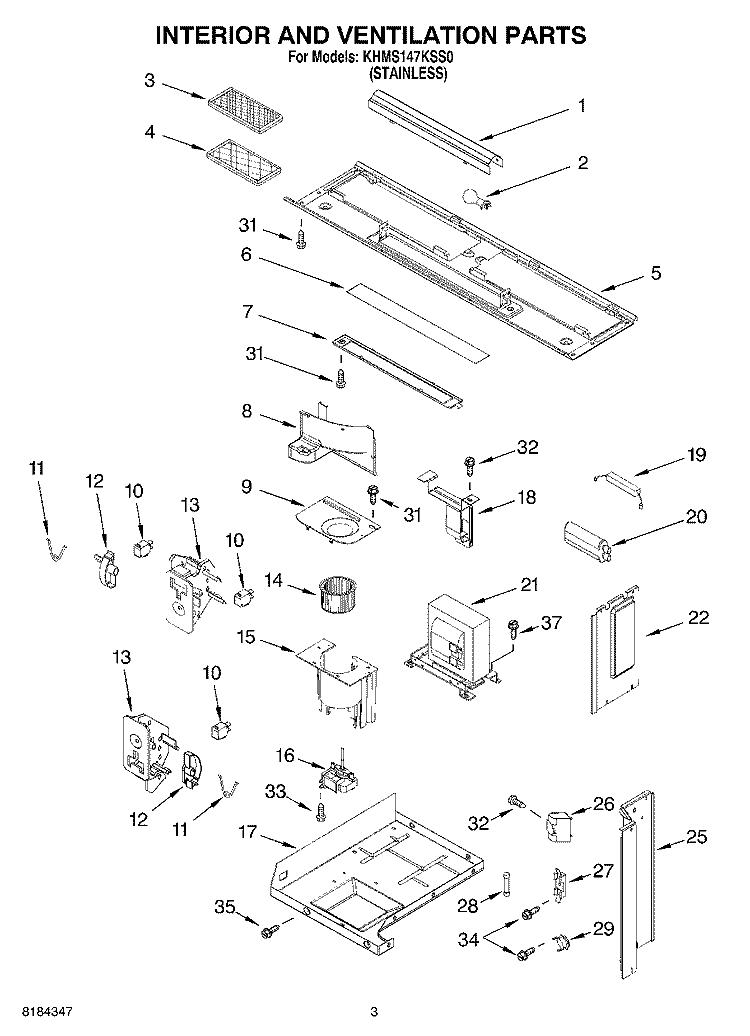 INTERIOR AND VENTILATION Diagram and Parts List for KHMS147KSS0  KitchenAid Microwave