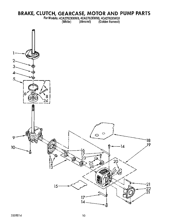 BRAKE, CLUTCH, GEARCASE, MOTOR AND PUMP Diagram and Parts List for 4CA2762XWW0  Whirlpool Washer