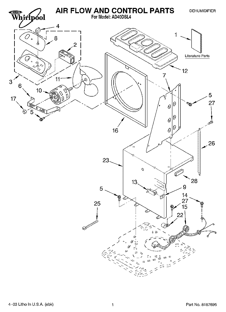 AIR FLOW AND CONTROL PARTS Diagram and Parts List for AD40DSL4  Whirlpool Dehumidifier