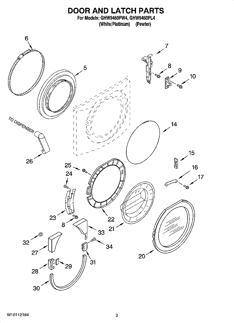 DOOR AND LATCH PARTS Diagram and Parts List for GHW9460PL4  Whirlpool Washer