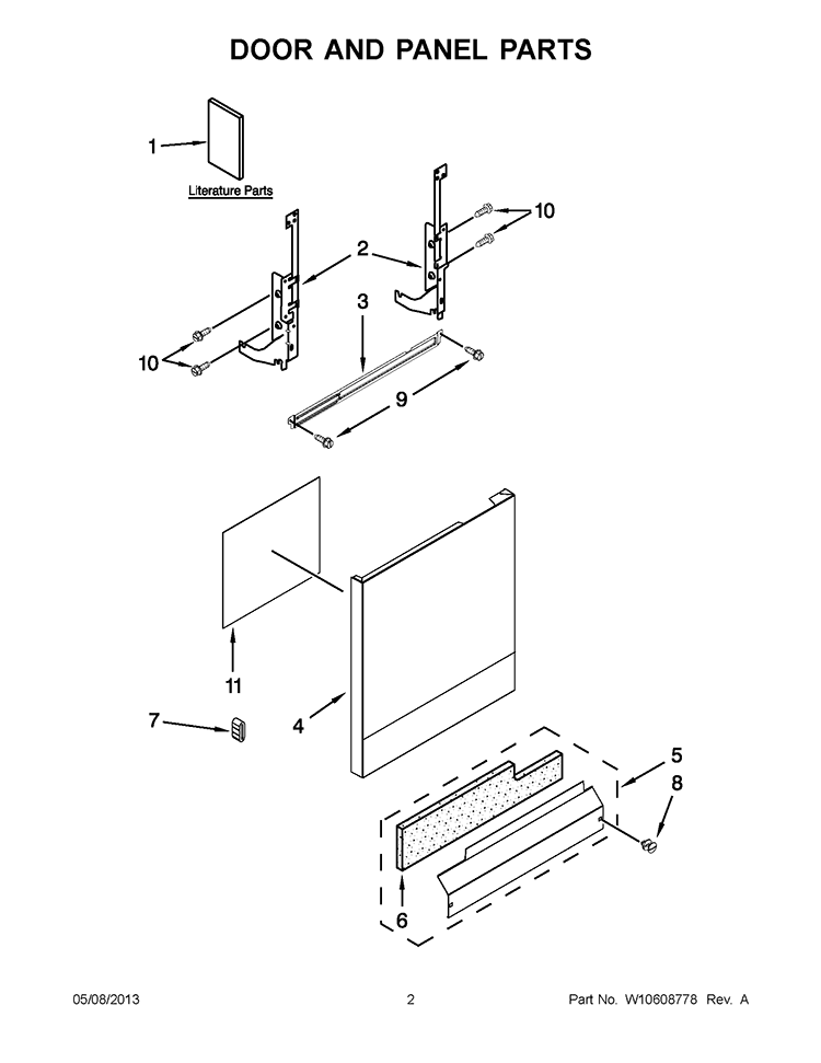 DOOR AND PANEL PARTS Diagram and Parts List for WDF510PAYS8  Whirlpool Dishwasher