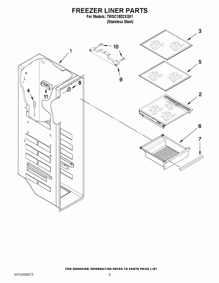 FREEZER LINER PARTS Diagram and Parts List for 7WSC19D2XS01  Whirlpool Refrigerator