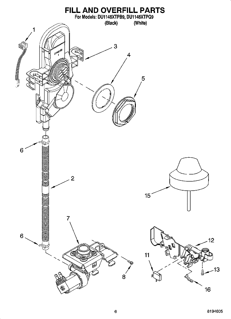 FILL AND OVERFILL PARTS Diagram and Parts List for DU1148XTPQ9  Whirlpool Dishwasher