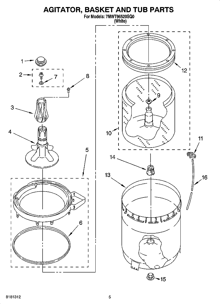 AGITATOR, BASKET AND TUB PARTS Diagram and Parts List for 7MWT96520SQ0  Whirlpool Washer