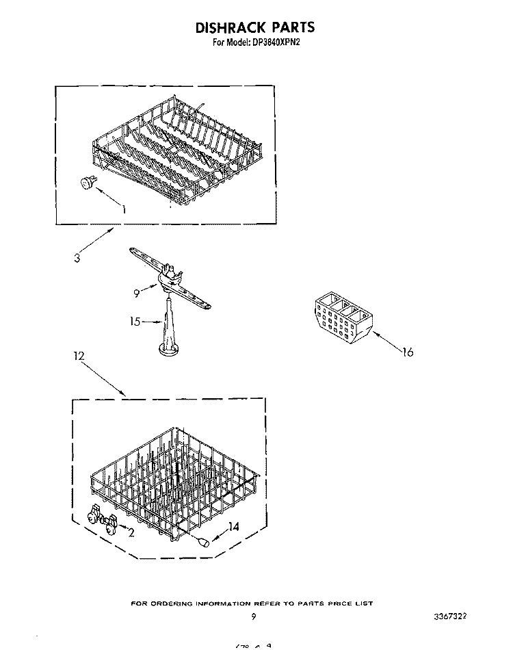 DISHRACK Diagram and Parts List for DP3840XPN2  Whirlpool Dishwasher