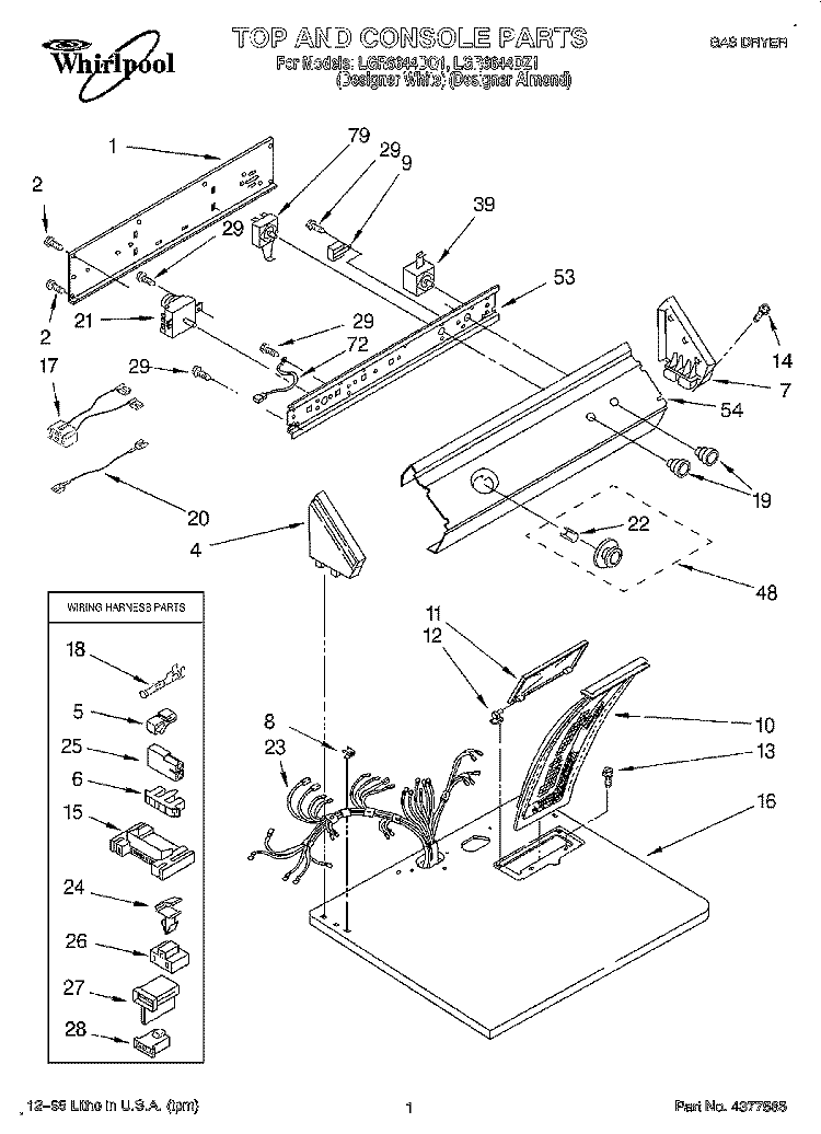 TOP AND CONSOLE, LIT/OPTIONAL Diagram and Parts List for LGR6644DZ1  Whirlpool Dryer