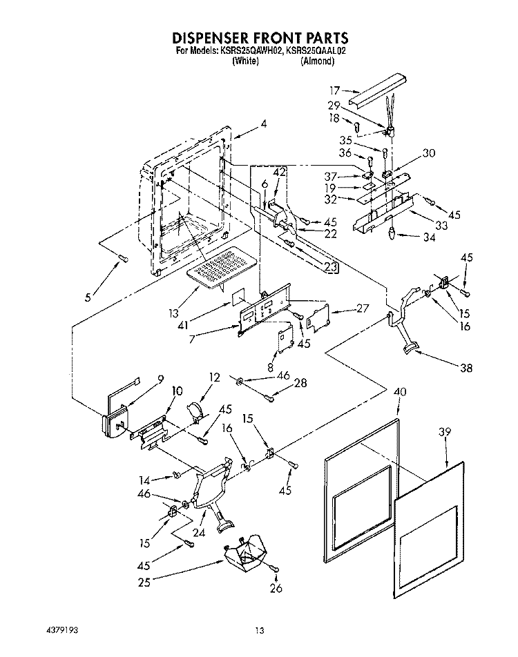 DISPENSER FRONT Diagram and Parts List for KSRS25QAAL02  KitchenAid Refrigerator