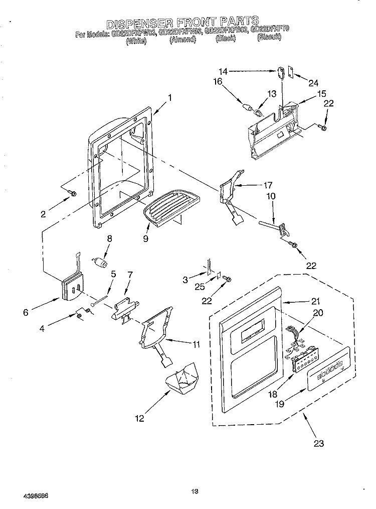 DISPENSER FRONT Diagram and Parts List for GD22DFXFB03  Whirlpool Refrigerator
