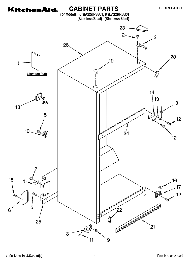 CABINET PARTS Diagram and Parts List for KTLA22KRSS01  Whirlpool Refrigerator