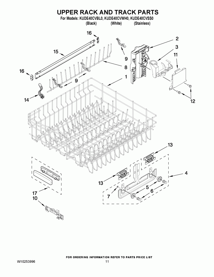 UPPER RACK AND TRACK PARTS Diagram and Parts List for KUDE40CVWH0  KitchenAid Dishwasher
