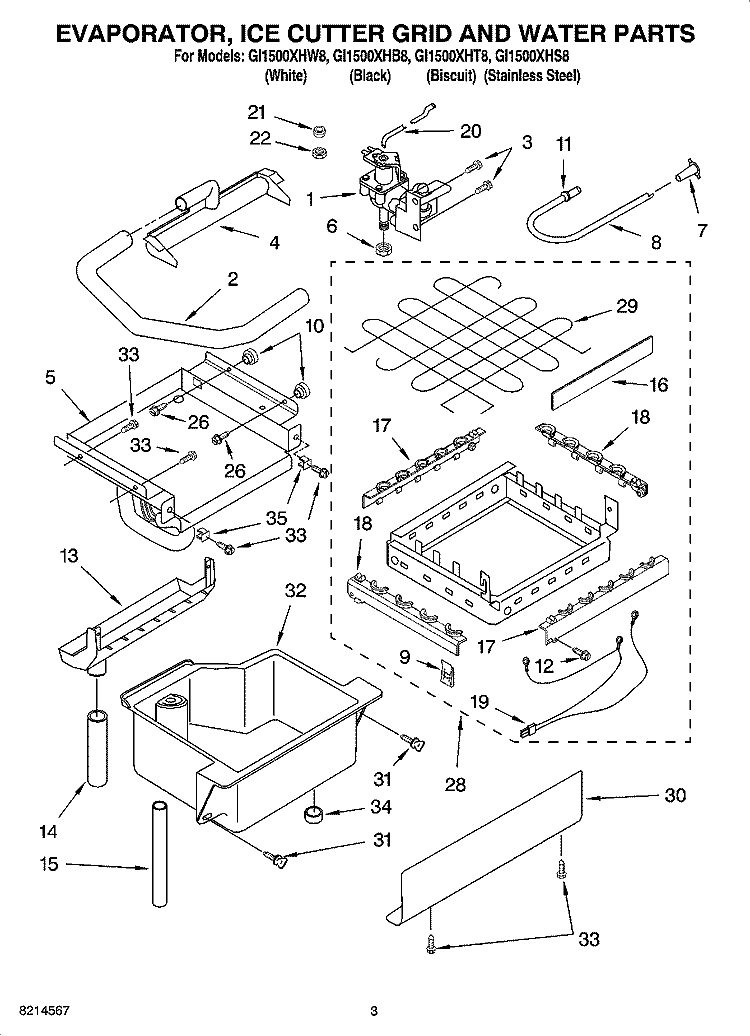 EVAPORATOR, ICE CUTTER GRID AND WATER PARTS Diagram and Parts List for GI1500XHB8  Whirlpool Ice Maker
