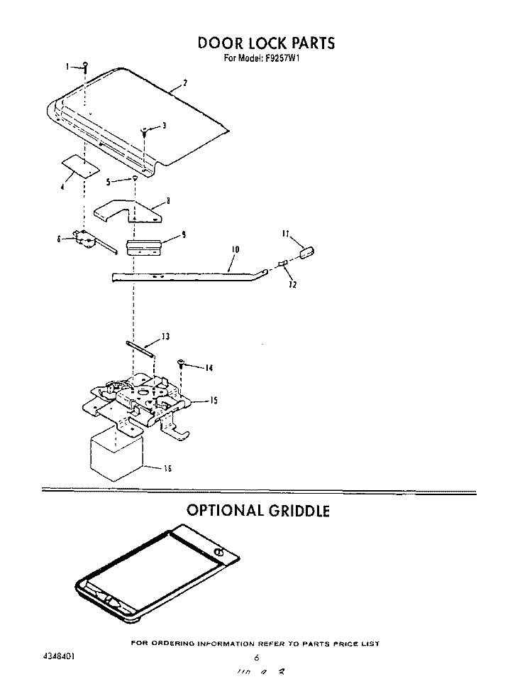 DOOR LOCK, OPTIONAL GRIDDLE Diagram and Parts List for F9257^1  Whirlpool Range