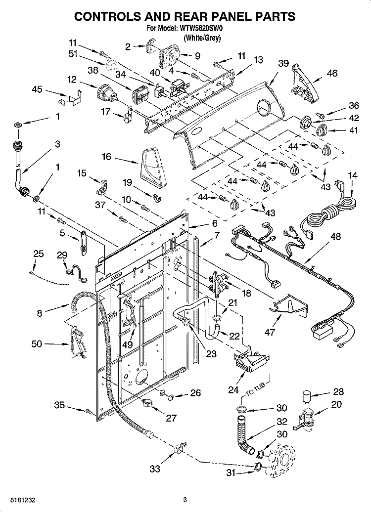 CONTROLS AND REAR PANEL PARTS Diagram and Parts List for WTW5820SW0  Whirlpool Washer