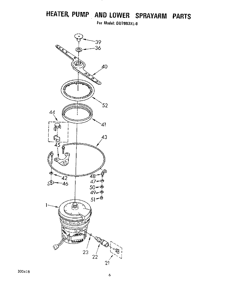 HEATER, PUMP AND LOWER SPRAYARM Diagram and Parts List for DU7903XL0  Whirlpool Dishwasher