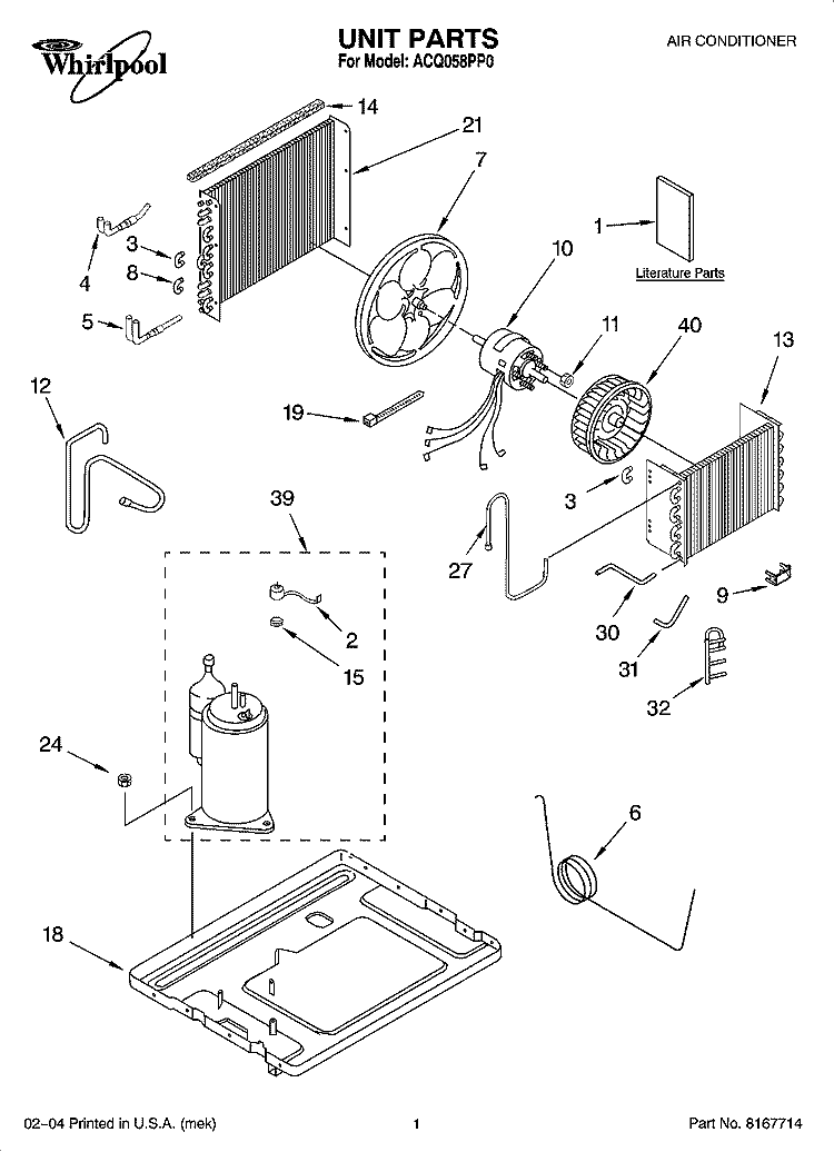 UNIT PARTS Diagram and Parts List for ACQ058PP0  Whirlpool Air Conditioner