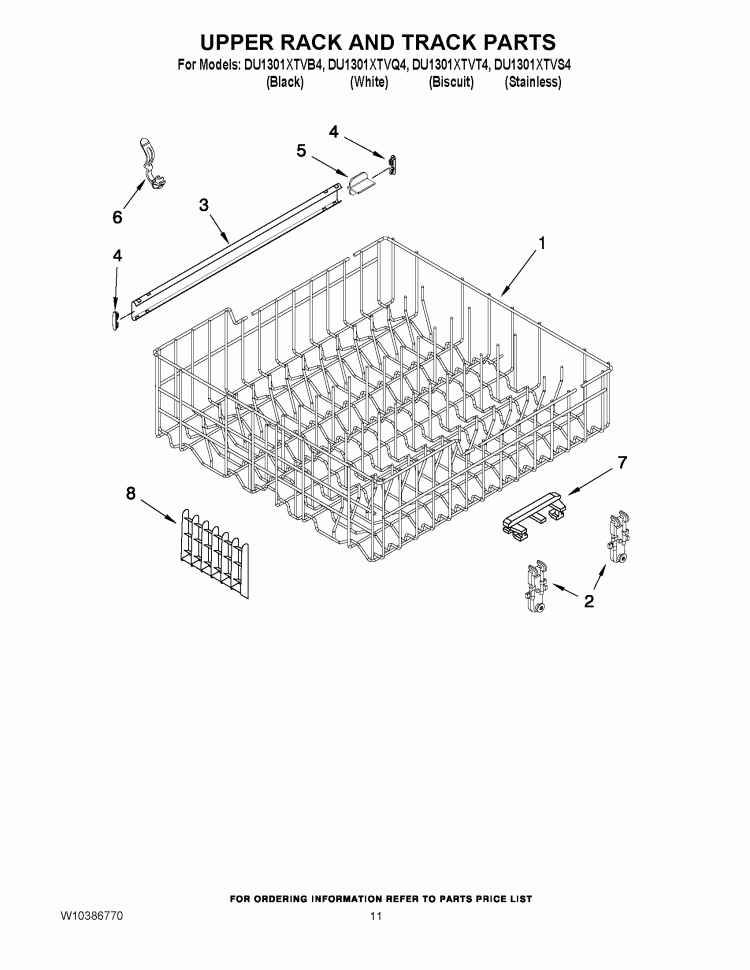 UPPER RACK AND TRACK PARTS Diagram and Parts List for DU1301XTVB4  Whirlpool Dishwasher