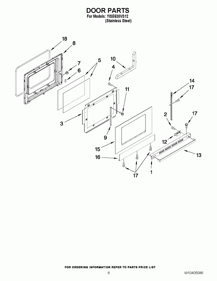 DOOR PARTS Diagram and Parts List for YISE630VS12  Whirlpool Range
