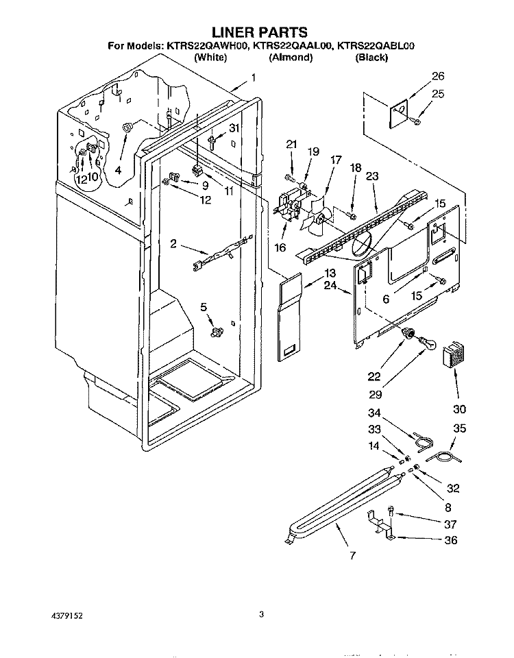 LINER Diagram and Parts List for KTRS22QAWH00  KitchenAid Refrigerator