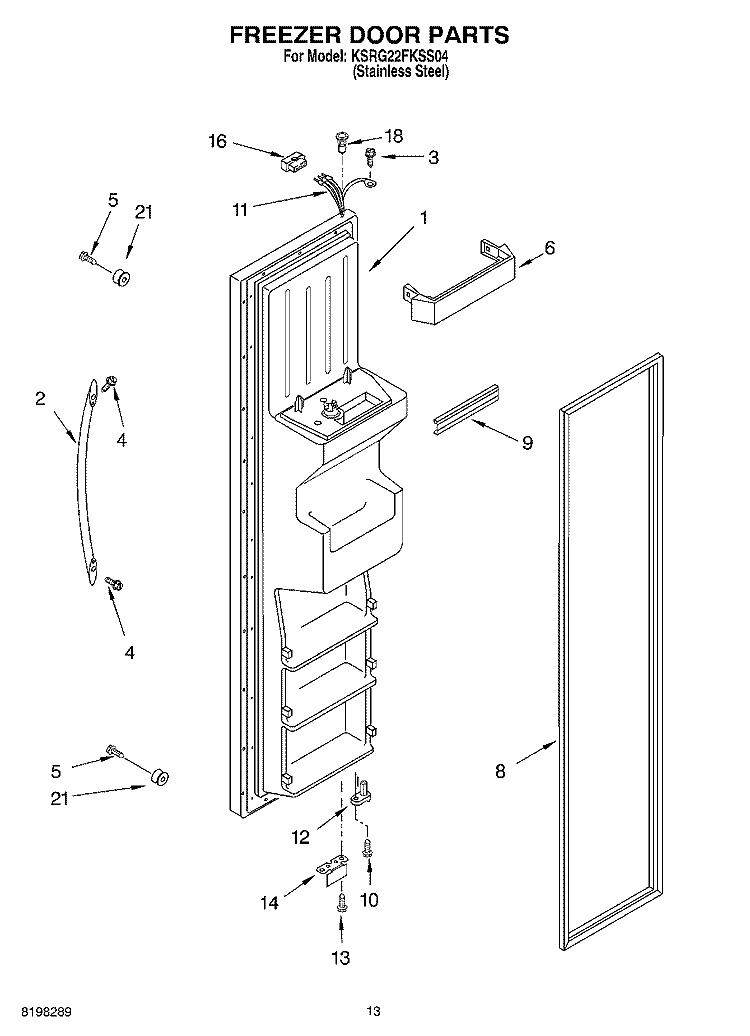 FREEZER DOOR Diagram and Parts List for KSRG22FKSS04  KitchenAid Refrigerator