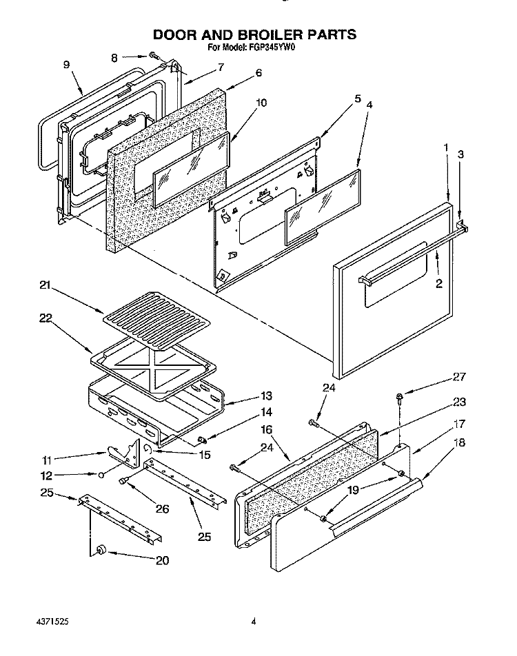 DOOR AND BROILER Diagram and Parts List for FGP345YW0  Roper Range