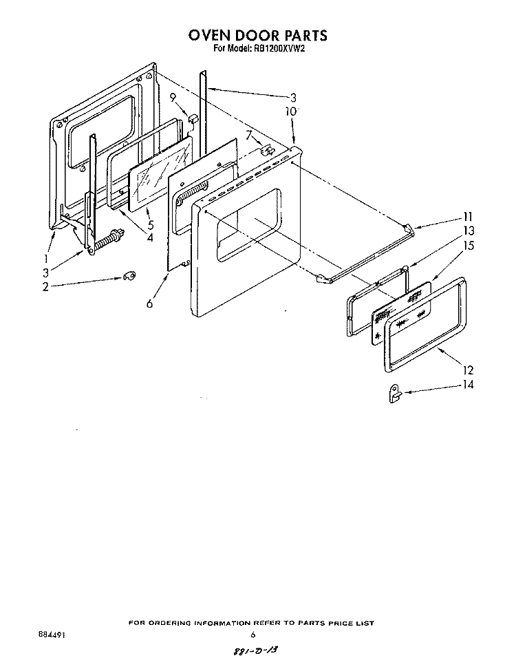 OVEN DOOR Diagram and Parts List for RB1200XVN2  Whirlpool Wall Oven