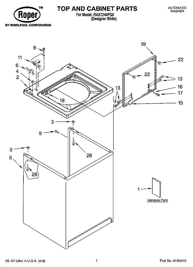 TOP AND CABINET PARTS Diagram and Parts List for RAX7244PQ0  Roper Washer