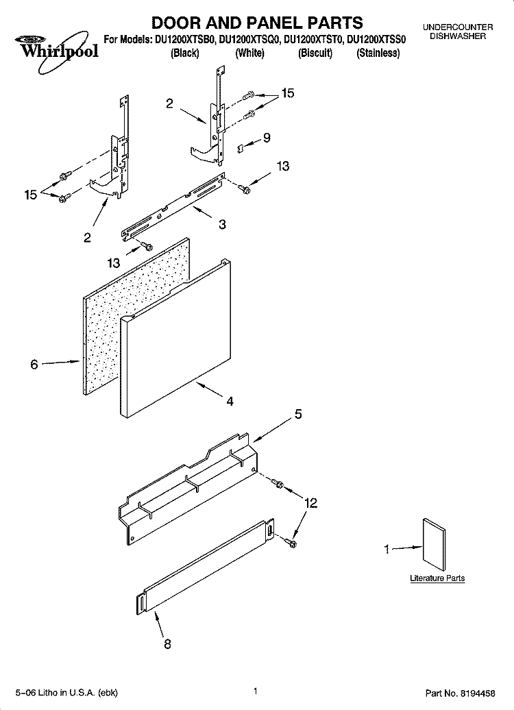 DOOR AND PANEL PARTS Diagram and Parts List for DU1200XTSS0  Whirlpool Dishwasher