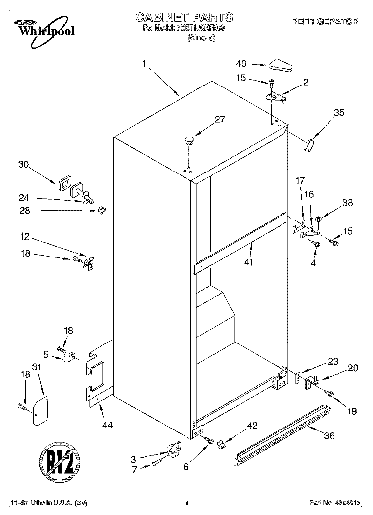 CABINET Diagram and Parts List for 7MET18GKFN00  Whirlpool Refrigerator