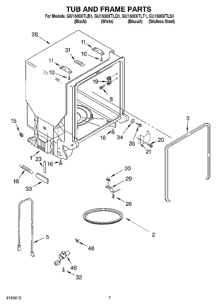 TUB AND FRAME PARTS Diagram and Parts List for GU1500XTLT1  Whirlpool Dishwasher