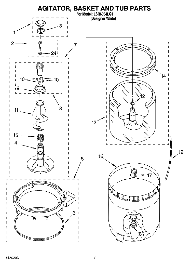 AGITATOR, BASKET AND TUB PARTS Diagram and Parts List for LSR6334LQ1  Whirlpool Washer