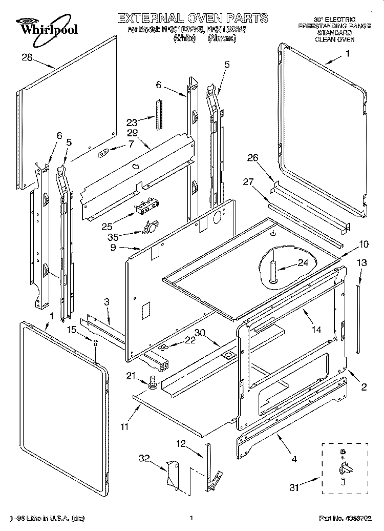 EXTERNAL OVEN, LIT/OPTIONAL Diagram and Parts List for RF3010XVW5  Whirlpool Range