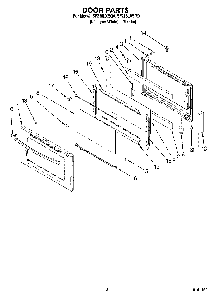 DOOR PARTS, OPTIONAL PARTS (NOT INCLUDED) Diagram and Parts List for SF216LXSM0  Whirlpool Range