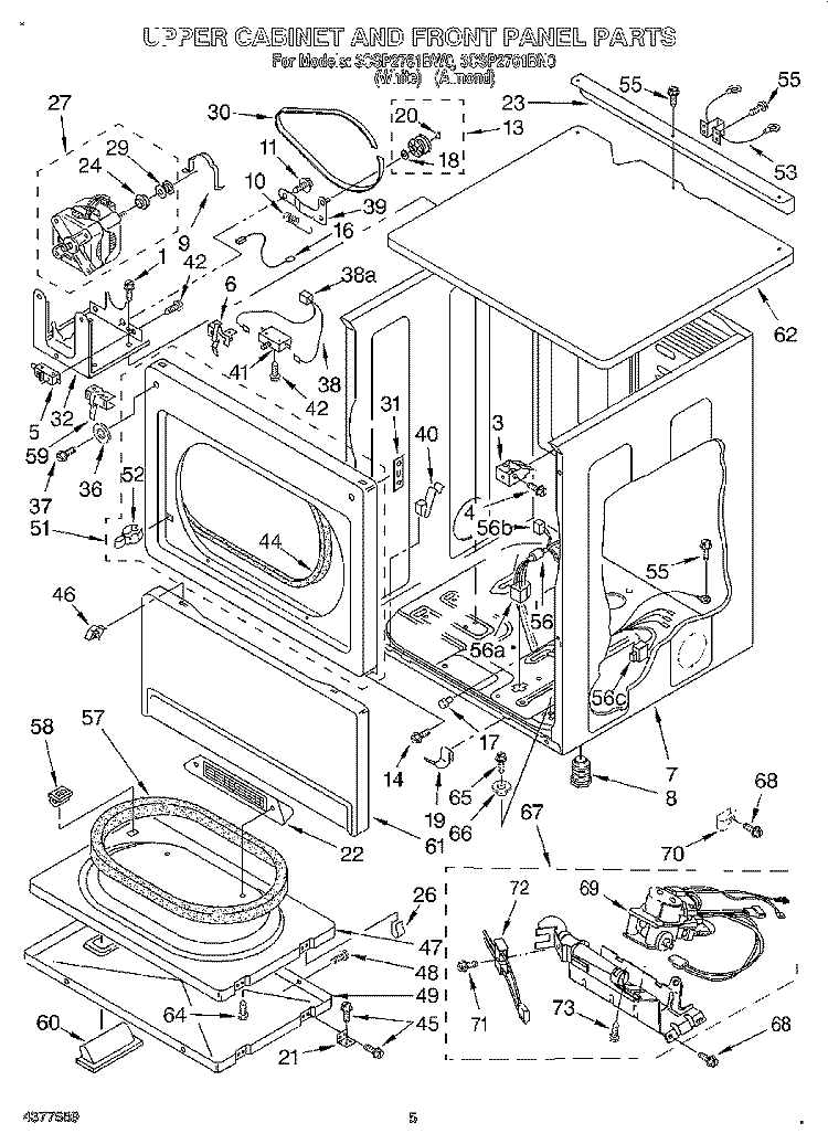 UPPER CABINET AND FRONT PANEL Diagram and Parts List for 3CSP2761BW0  Whirlpool Dryer
