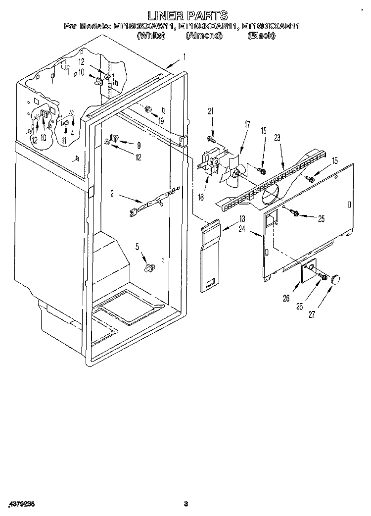LINER Diagram and Parts List for ET18DKXAB11  Whirlpool Refrigerator