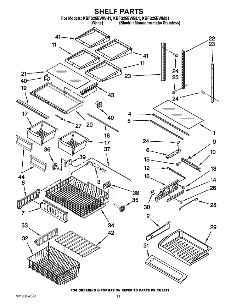 SHELF PARTS Diagram and Parts List for KBFS25EWMS1  KitchenAid Refrigerator