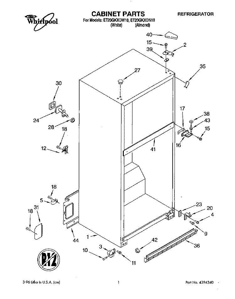CABINET Diagram and Parts List for ET20GKXDN10  Whirlpool Refrigerator