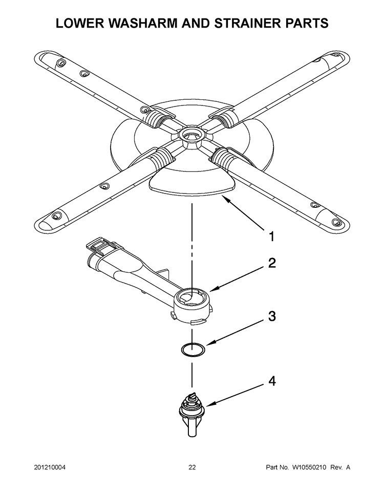 LOWER WASHARM AND STRAINER PARTS Diagram and Parts List for KUDS30IBBT1  KitchenAid Dishwasher