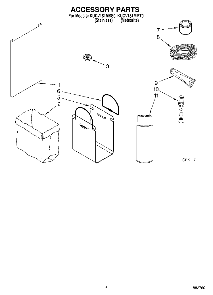ACCESSORY PARTS Diagram and Parts List for KUCV151MMT0  KitchenAid Trash Compactor