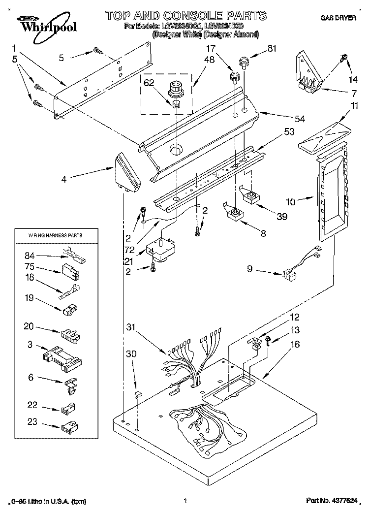 TOP AND CONSOLE, LIT/OPTIONAL Diagram and Parts List for LGV6634DZ0  Whirlpool Dryer